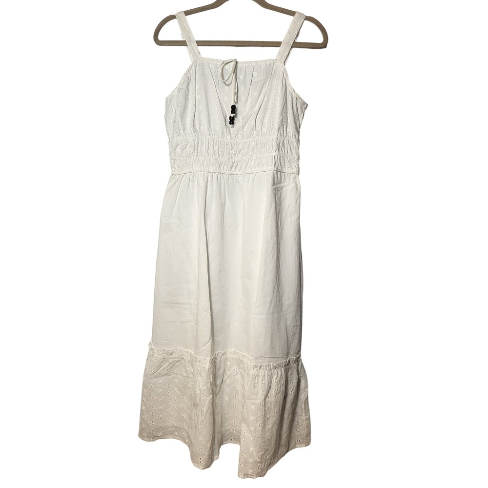 MPH Collection White Eyelet Smocked Waist Midi Dress Straps Large Cottagecore
